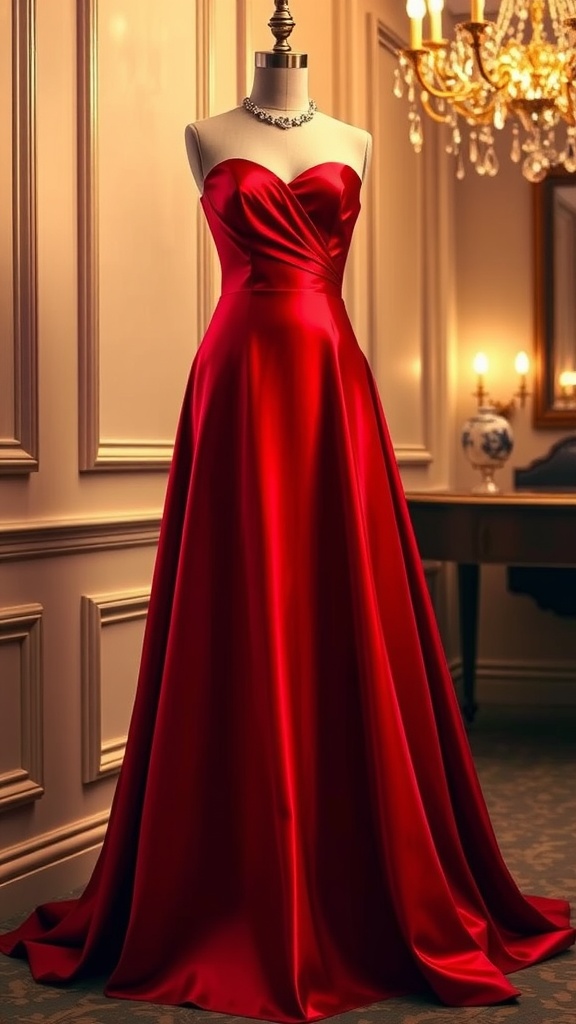 Elegant Red Dinner Gown for a Classy Night Out Elegant red dinner gown on a mannequin with fitted bodice and flowing skirt, displayed in an elegant setting.